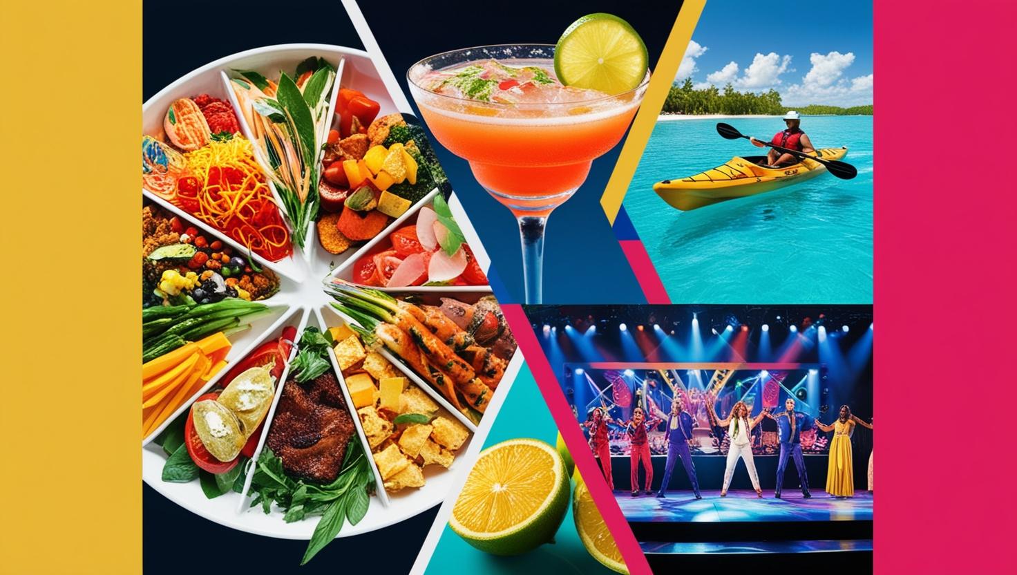 Collage illustrating typical inclusions at an all-inclusive resort like meals, drinks, and activities