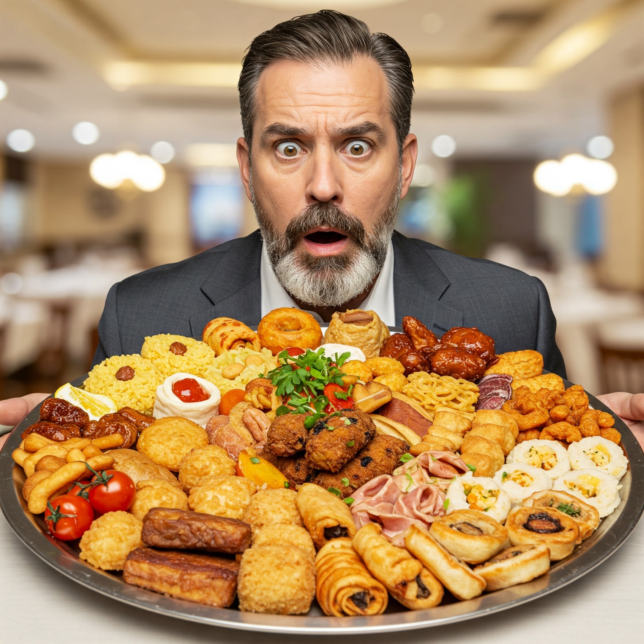 raveler looking humorously overwhelmed by food options at an all-inclusive resort buffet