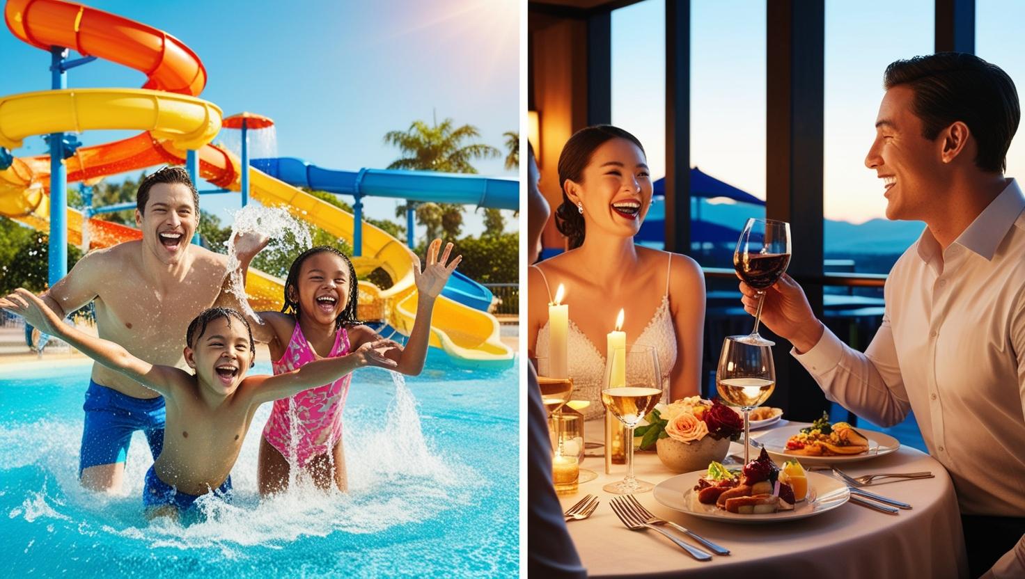 Split image comparing family-friendly all-inclusive water park fun with a romantic adults-only all-inclusive dinner